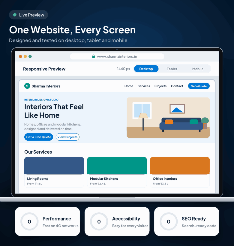 One business Website adjusting its layout live for Desktop, Tablet and Mobile screens